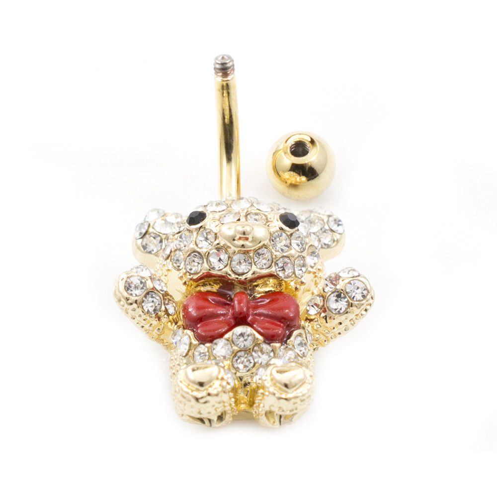 Navel Ring with Teddy Bear Design with Red Bow and Multiple Cz 14G Gold IP