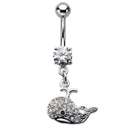 14ga-3/8"(10mm) Nautical Belly Navel Ring with CZ Whale Dangle Charm