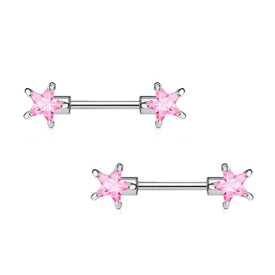 Pair of Nipple Barbells 14G Surgical Steel with Star Shaped Prong Set CZ Gems