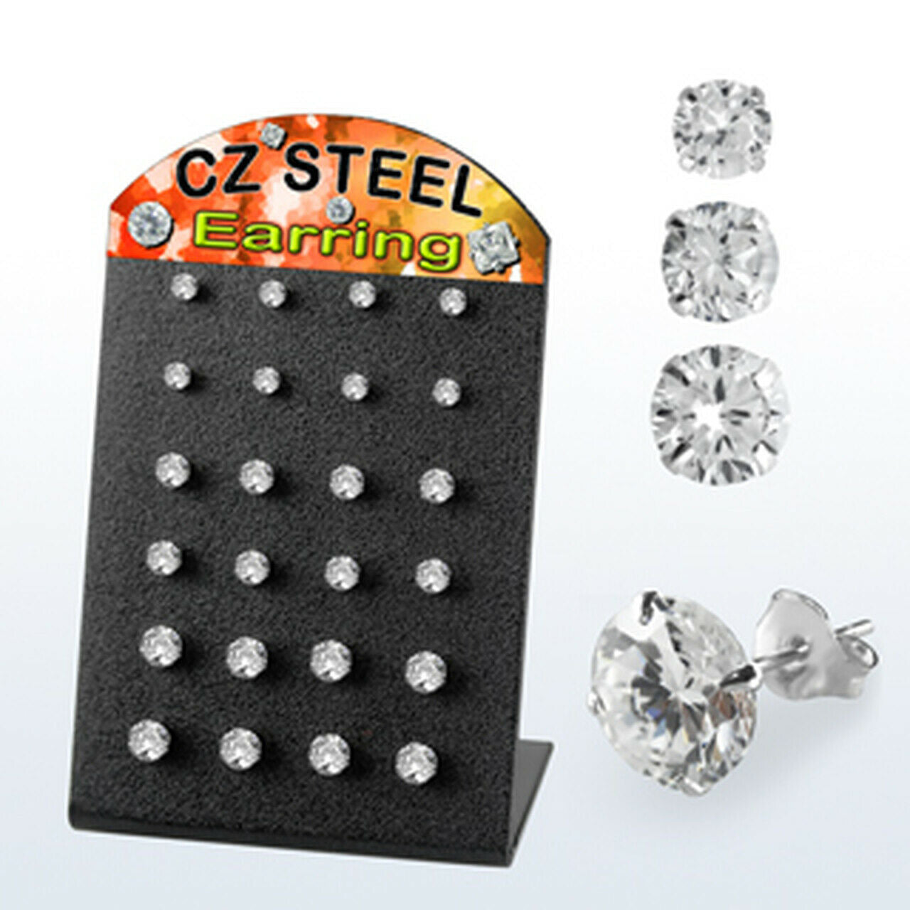 Earring studs with L-stand acrylic display with 12 pairs of stainless steel