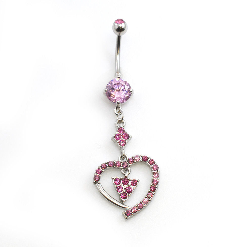 Navel Ring with Heart and Multiple Cubic Zirconia Design 14g