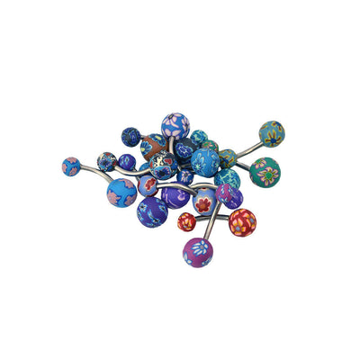 Belly Button Rings Flower Painted Fimo Design Pack of 6 14ga Surgical Steel