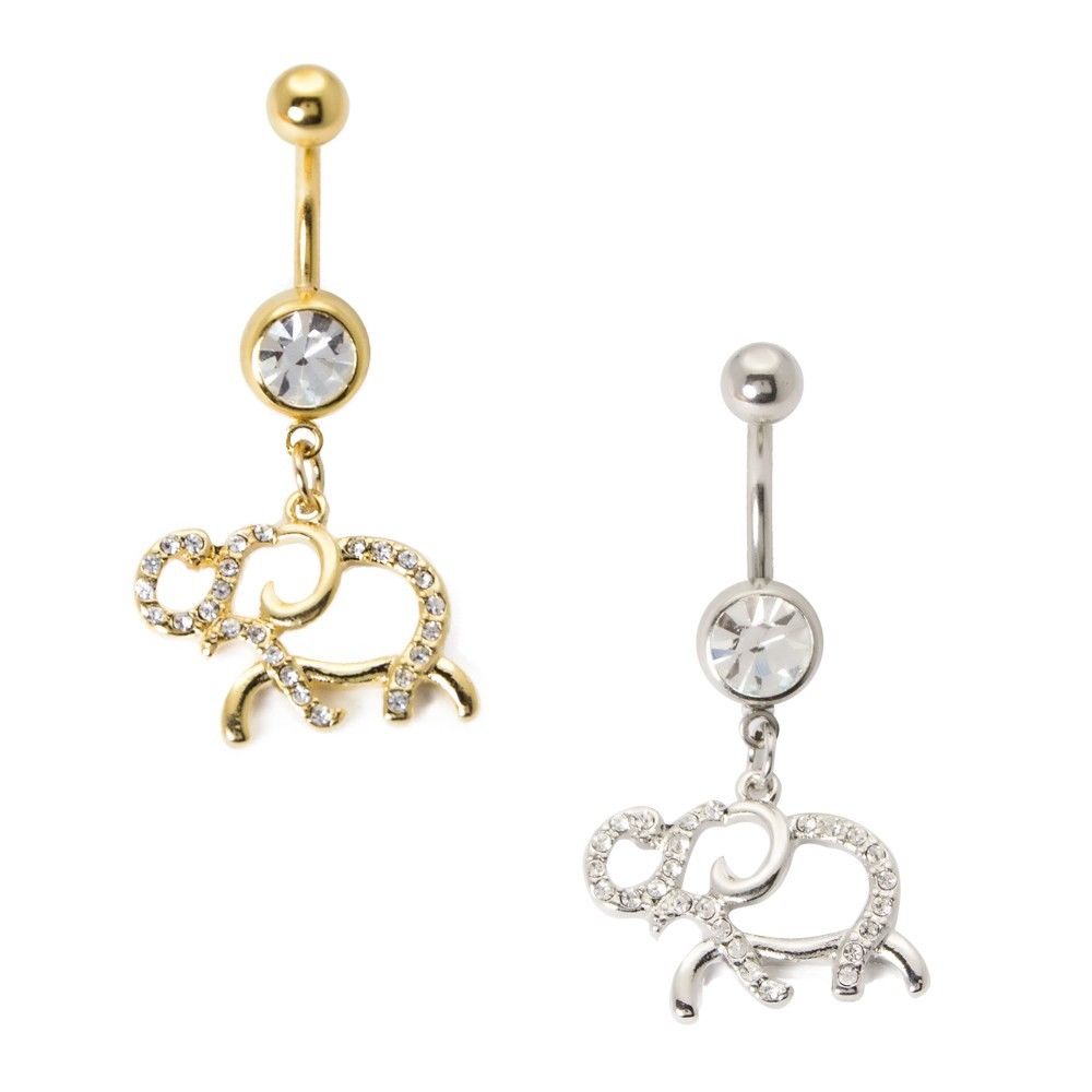 Dangle-Style Belly Ring with Studded Elephant Charm 14G 7/16"