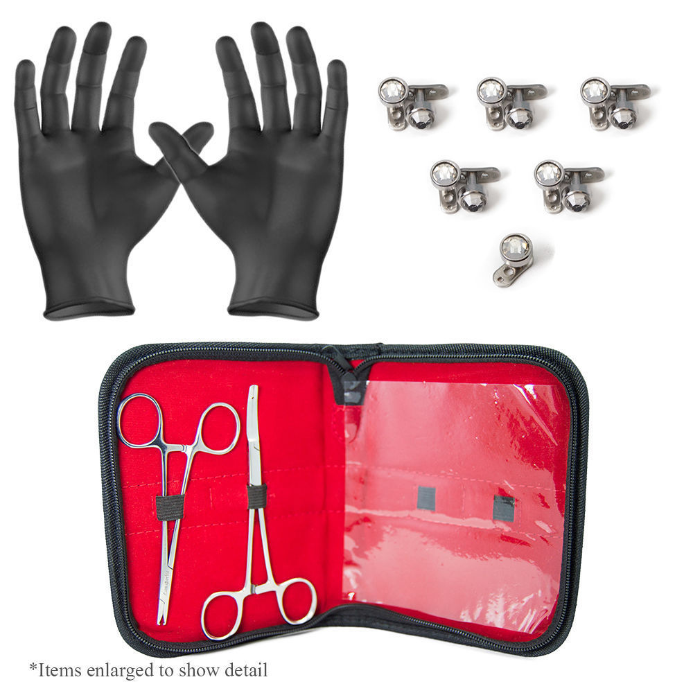 Dermal Body Piercing Kit - 2 Forceps w/11 Dermal CZ Tops and Bottoms + Gloves