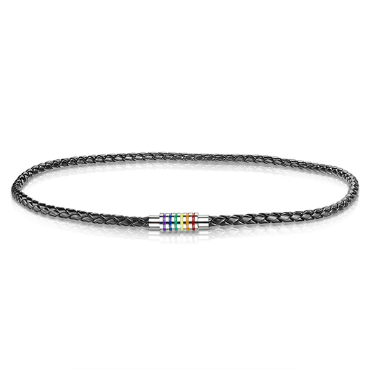 LGBTQ Pride Black Braided Leather Necklace with Magnetic Rainbow Striped Closure