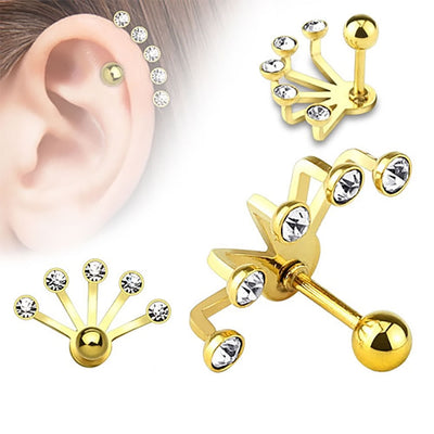 Cartilage Piercing Barbell - Five Crystal Set Fan Hanging 316L Surgical Steel