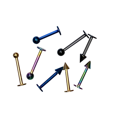Labret Flat end balls and spikes Anodized Titanium over surgical steel