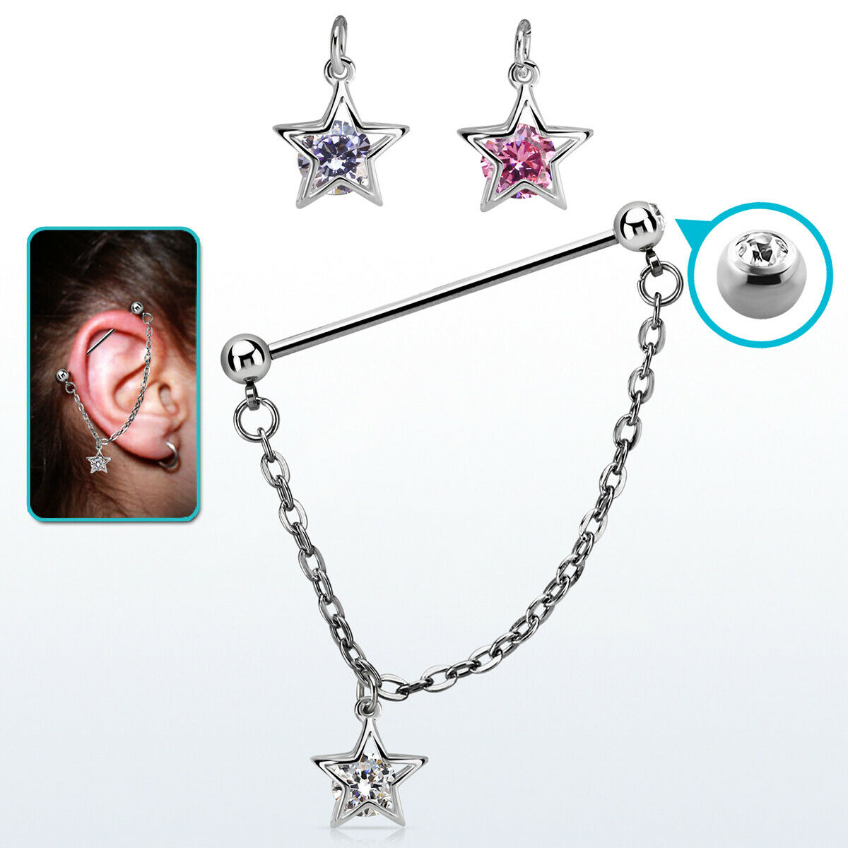 Ear industrial barbell 14g/1.6mm with a 5mm press fit gem ball and a 5mm steel ball linked with a chain with a star and a cubic zirconia dangling part