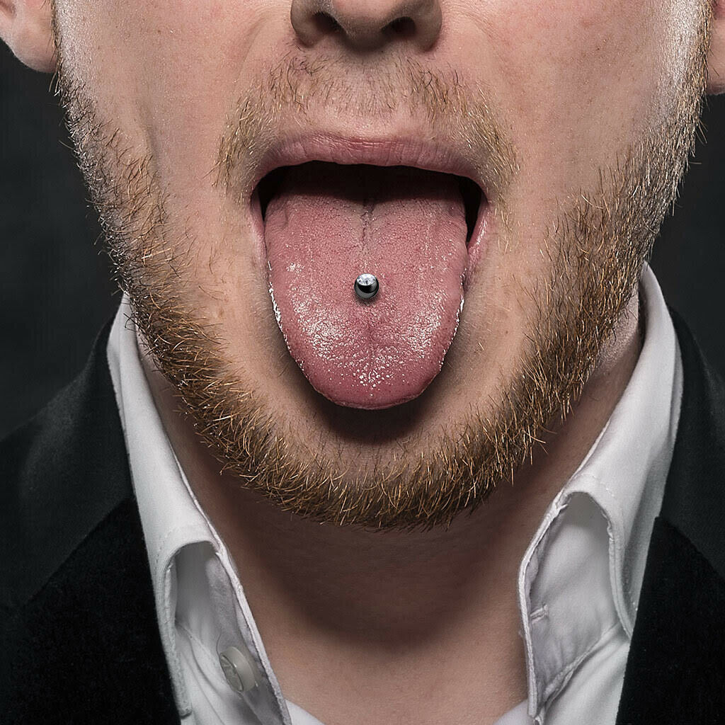 (14g ) Barbell Tongue Ring Anodized Black Titanium with Jewel