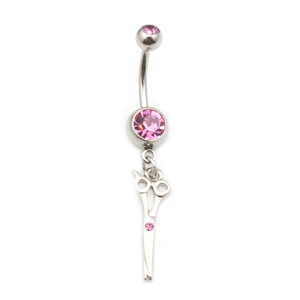 Belly Button RIng with seizors Dangle and Cz Jewels 14g