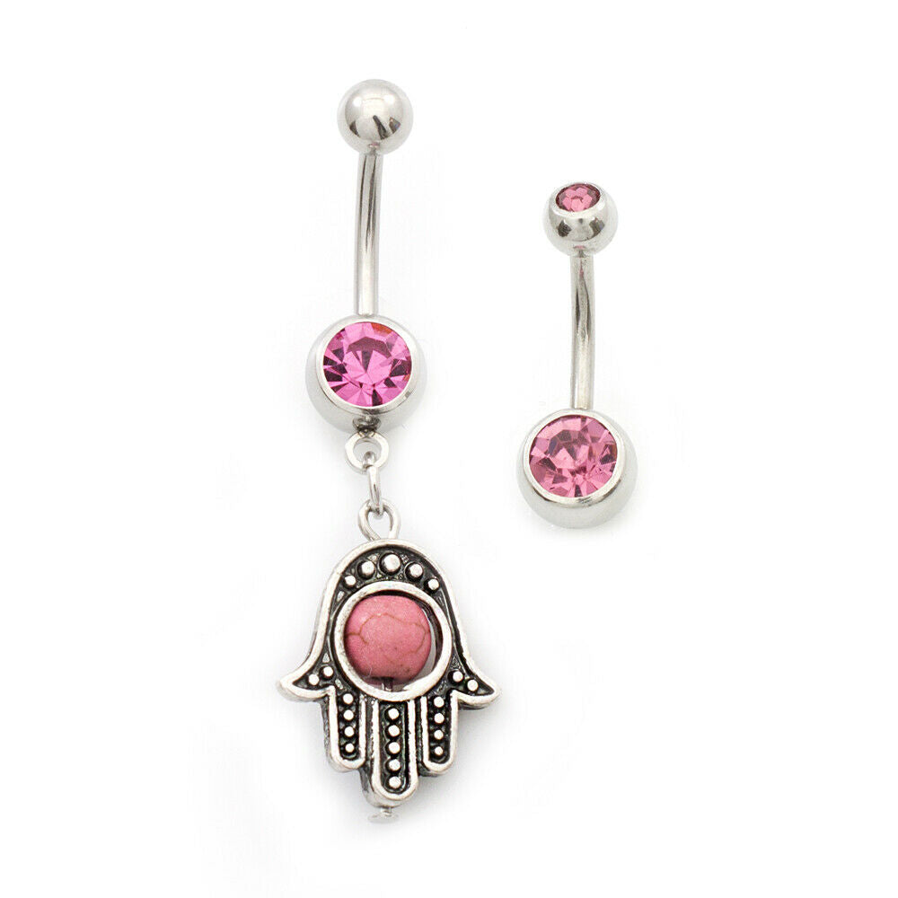 Pack of two Navel Ring with Hamsa Hand and Cubic Zirconia Design 14g