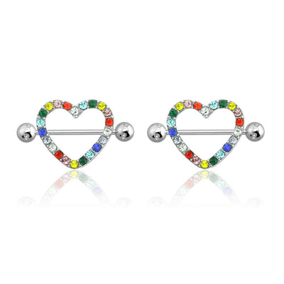 AB Gem Paved Heart Nipple Shield Ring Piercing jewelry 14 Gauge 3/4" Length - 2