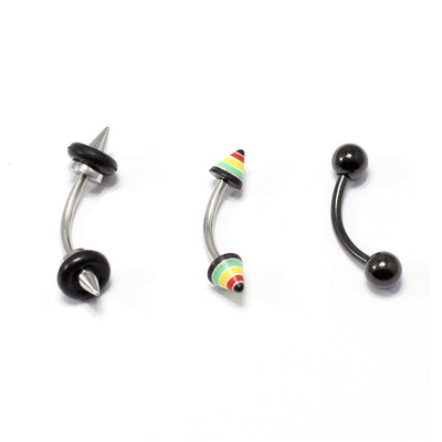 Black Eyebrow Ring 3pc 16G Surgical Steel Spike Rasta 8MM Ear Cartilage Piercing