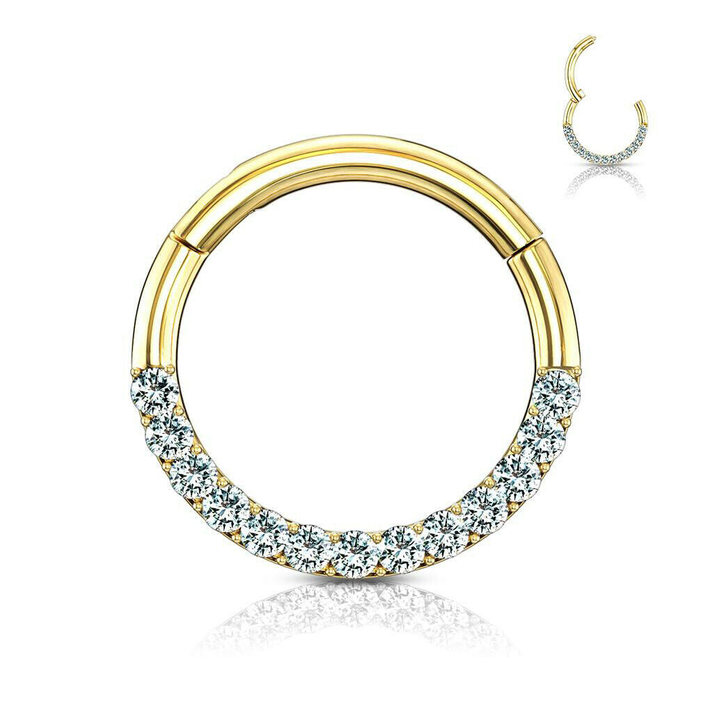 Hinged Hoop Rings for Nose Septum, Daith and More 14Kt Gold CZ Paved 16g