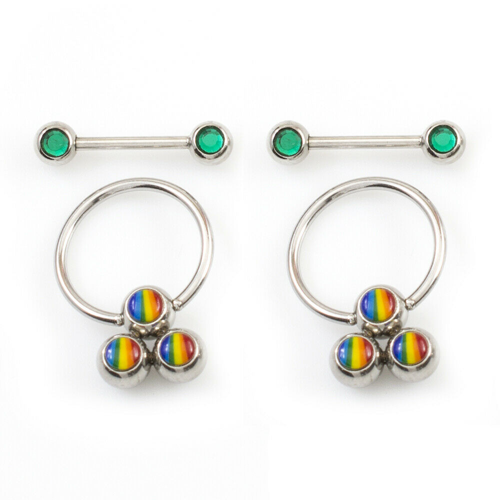 Nipple Ring Package of two Captive Ring Rainbow Design and two Barbells with Cz