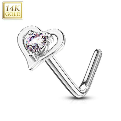Nose Ring L-Bend with Prong Set Round CZ Center Hollow Heart 14Kt Solid Gold 20g