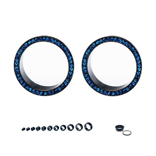 Tunnels Screw Fit Black IP with Blue Cubic Zirconia Jewels Sold as a Pair