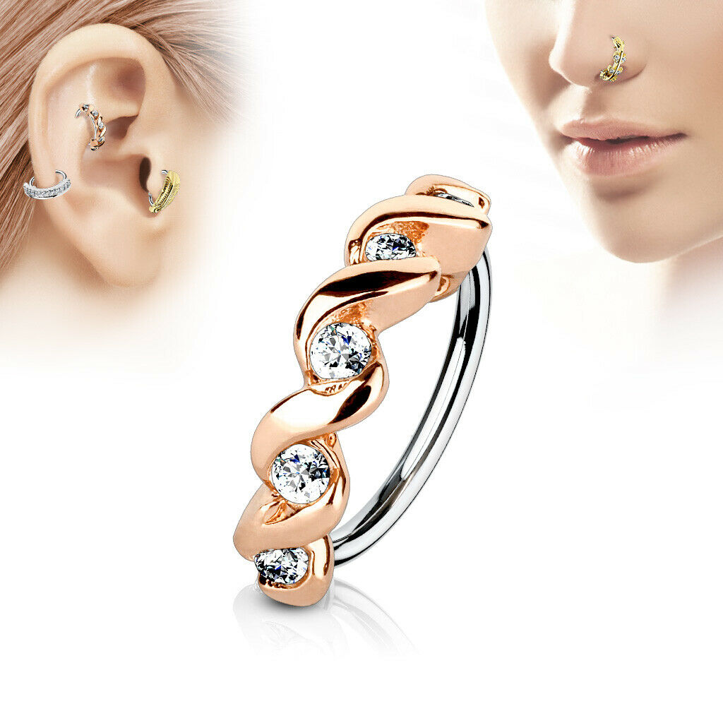 Nose and Cartilage Bendable Hoop Ring with CZ Twisted Half Circle Top 18g or 20g