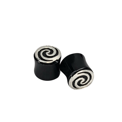 Pair of Solid Ear Plugs Organic Bone with Silver Spiral Design