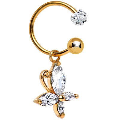 Butterfly Belly Ring - 16ga Freido Gold I.P. Dangle with Clear CZ Gems