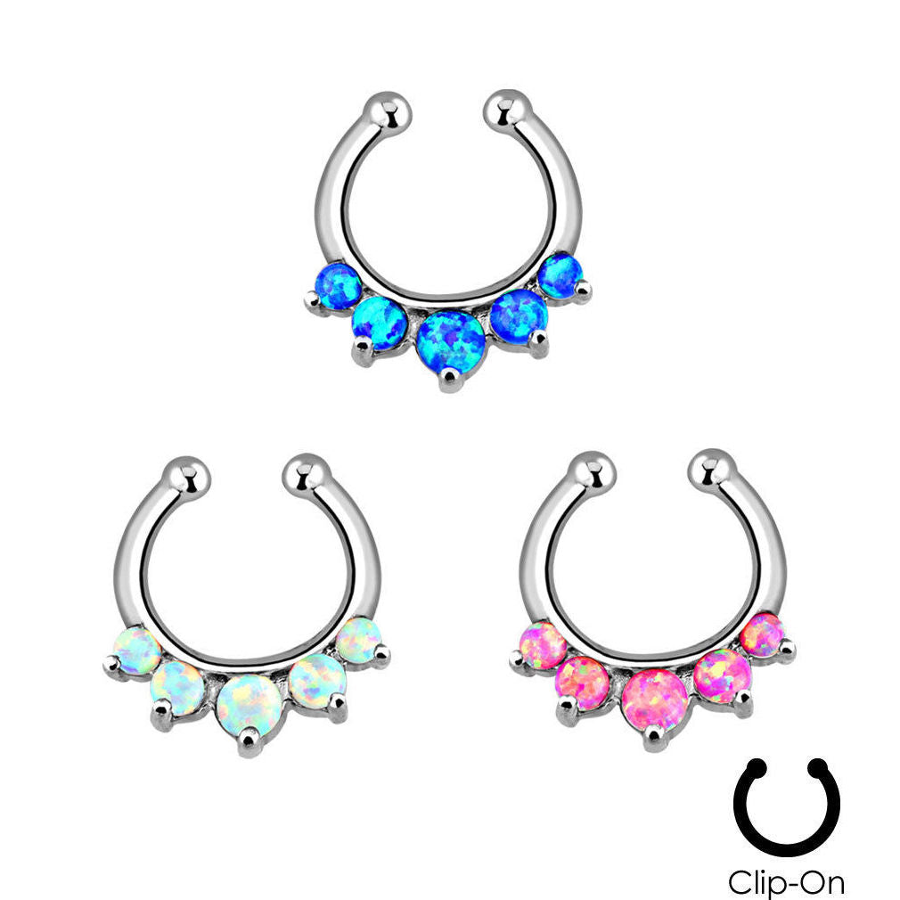 Non-Piercing Septum Hanger with Five Paved Synthetic Opal Gems - Sold Each