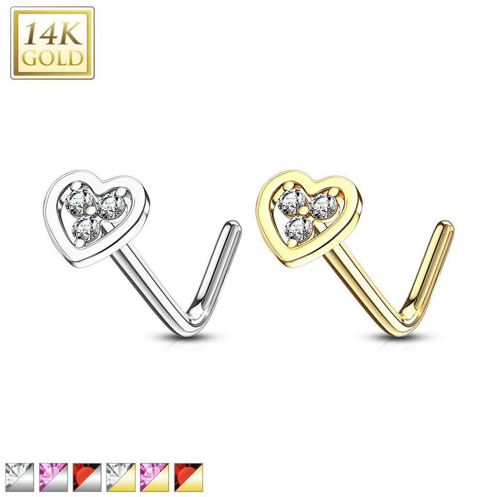 Nose Ring L-Bend with Tri Stacked Round CZ Center Hollow Heart 14Kt Gold 20g