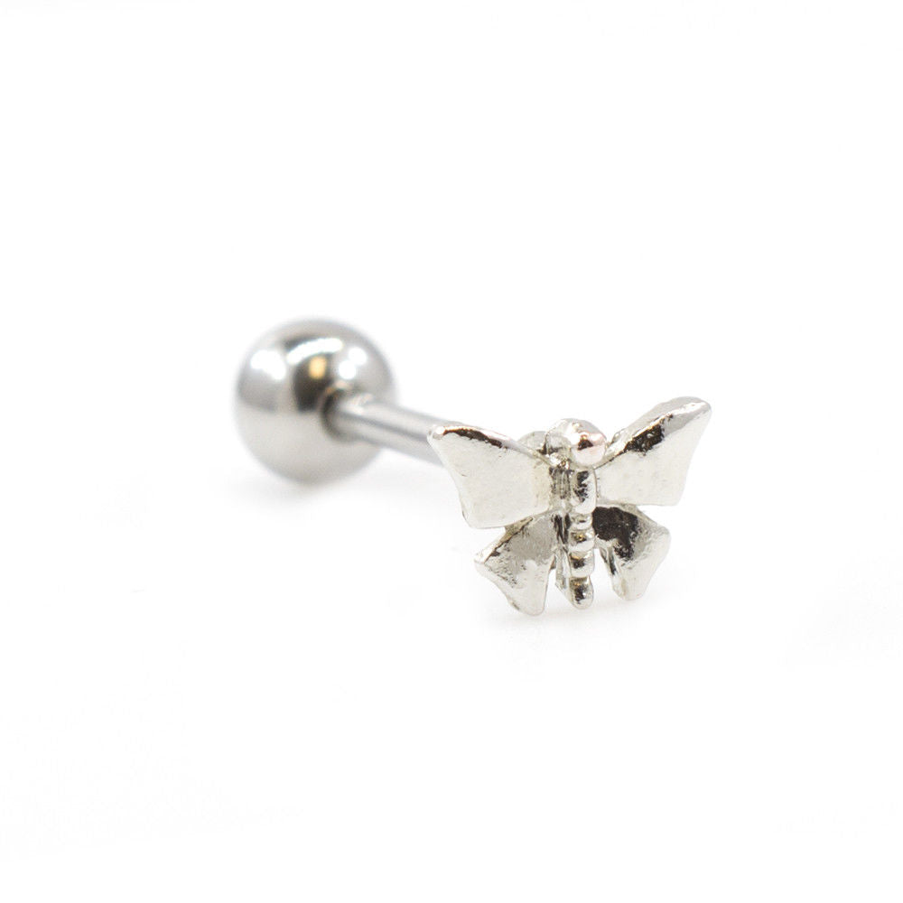 Tongue Ring with Butterfly Design on Top 14G Surgical Steel