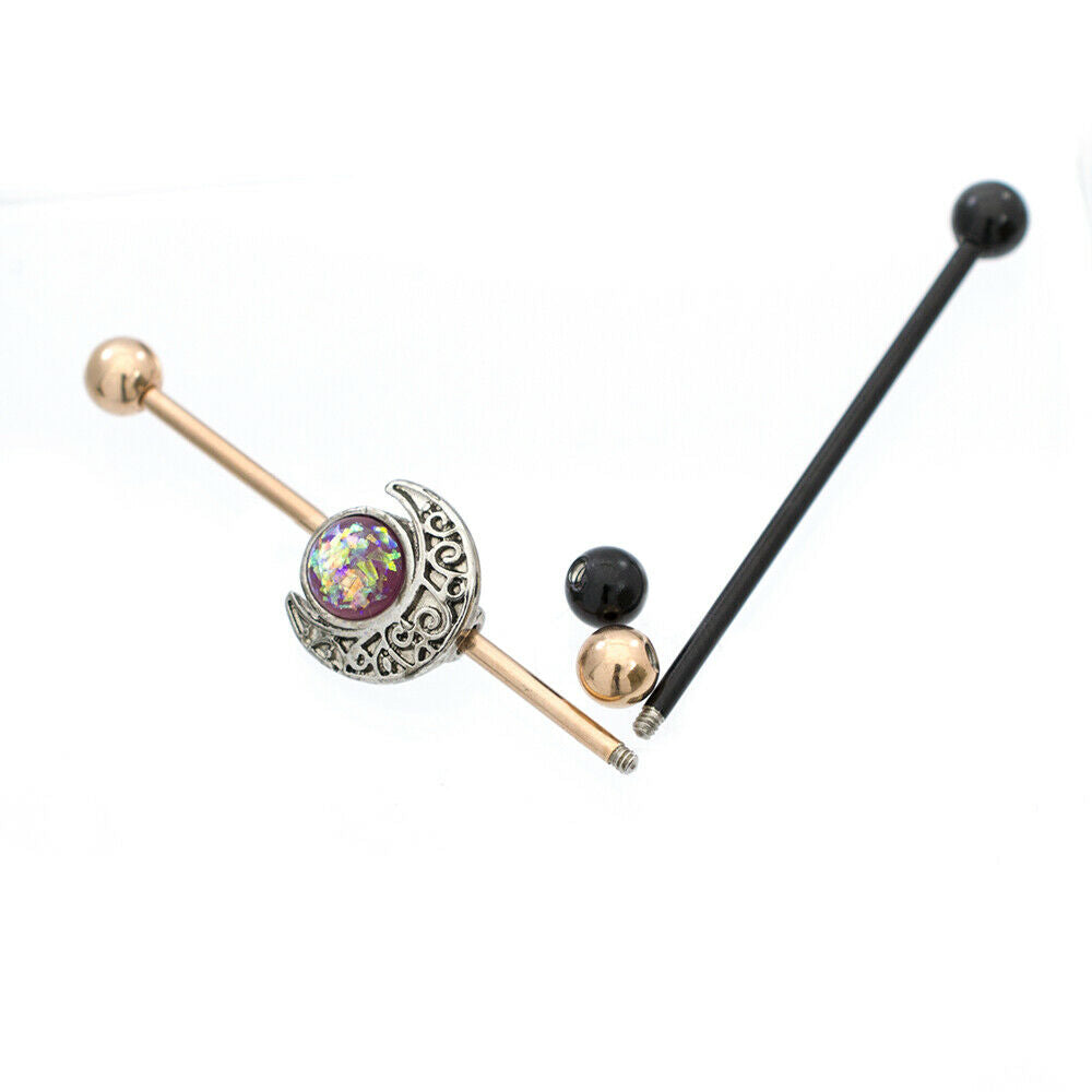 Industrial Barbells with Opal and Moon Charms Rose Gold IP and Black IP Barbells