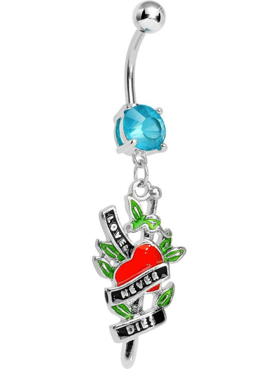 Belly Navel Dangle Ring 14g Surgical Steel Love Never Dies Tattoo Charm Blue CZ