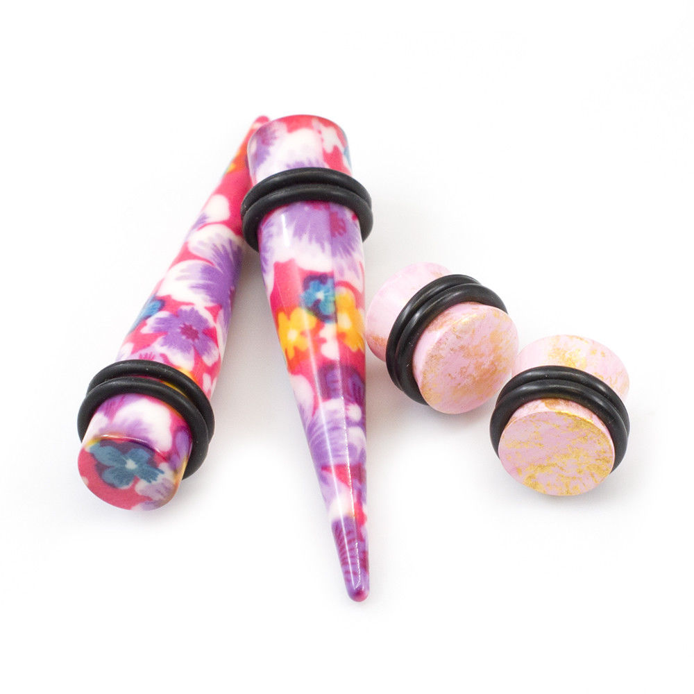 Ear Plugs with Tapers Stretching kit Colorful Flower Design with O rings