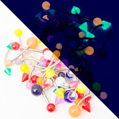 50 Assorted Piercing Jewelry - Glitter, Acrylic, UV Glow - Assorted GA/Lengths