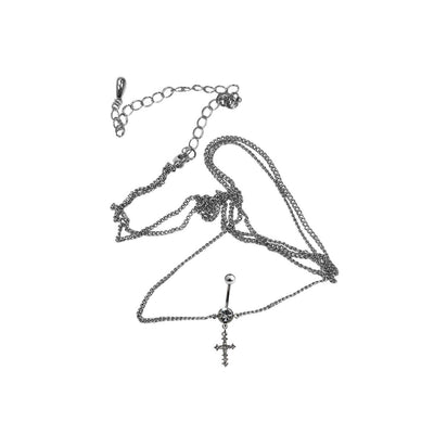 Belly Chain Navel Ring Surgical Steel Waist with CZ Paved Cross Dangle 14G
