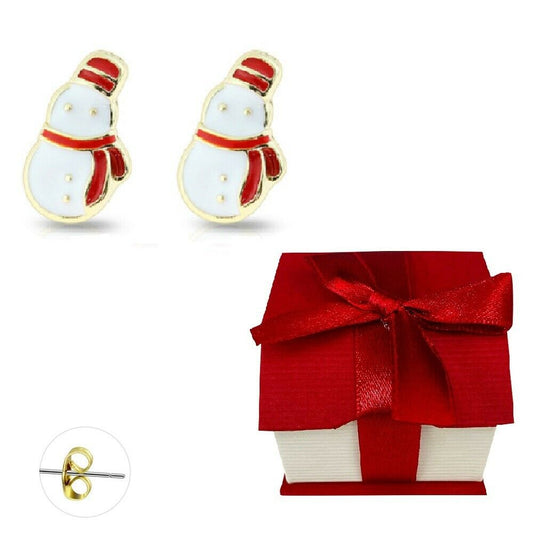 Holiday Earrings Studs Gold Plated Enamel Snowman Gift Box Included