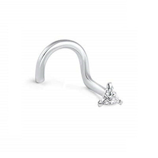 Nose Screw Ring with Prong Set CZ Centered Triangle 14Kt Solid White Gold 20g