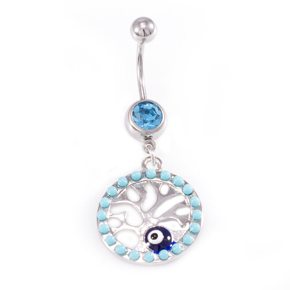 Belly Button Rings Tree of life Dangle Design with Aqua CZ Jewels / Navel