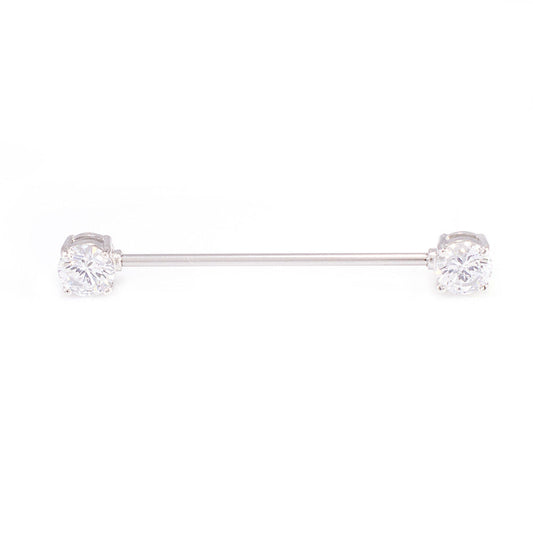 Industrial Barbell with Front Facing Cubic Zirconia Ends . Stainless Steel 14G