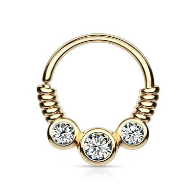 3 CZ Set Between Coiled Wire Bendable Hoop Rings for Septum, Ear Cartilage 16GA