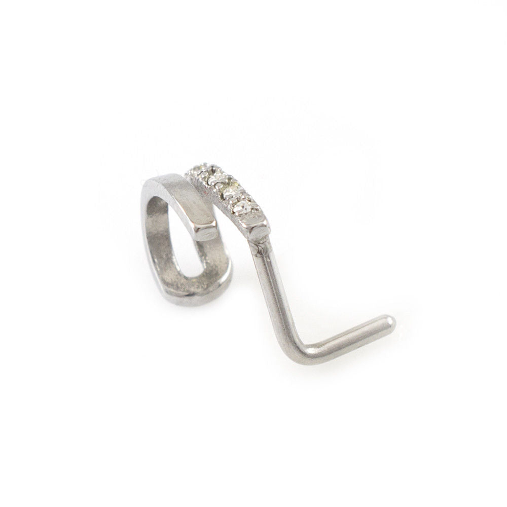 Double Faux Hoop L-Shape Nose Ring with Clear Cz Nose Stud Gauge 18G (1mm)