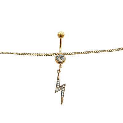 Belly Chain Button Navel Ring Surgical Steel Gold Plated Waist Belly Chain with CZ Lightning Bolt Charm 14 Gauge