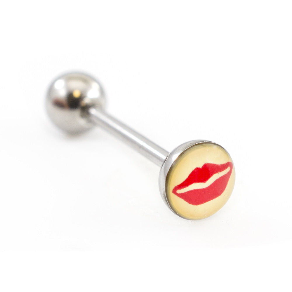 Tongue Barbell with Red Lips design 14g
