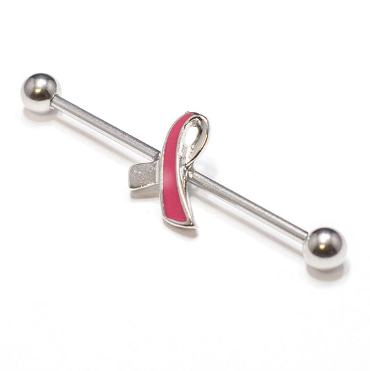 Industrial Barbell 14G with Pink Breast Cancer Awareness Ribbon