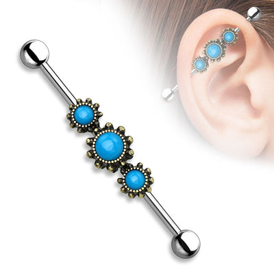 Industrial Piercing Barbells 14G with Triple Round Turquoise Centers