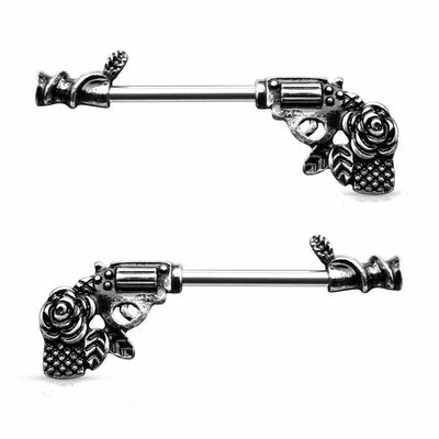 Nipple Barbells with a Rose Pistol Design Surgical Steel 14 Gauge