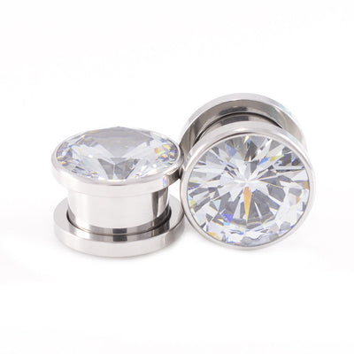 Ear Plugs / Tunnels Pair of Screw Fit with Cubic Zirconia Stone Surgical Steel