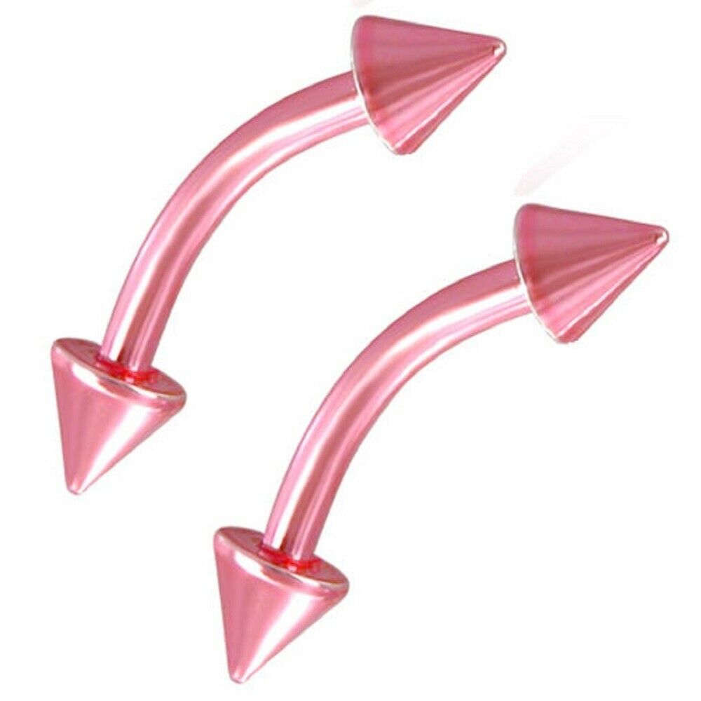 Eyebrow Barbells Curved Anodized Hot Pink Spike End Sold as a Pair 16ga Surgical