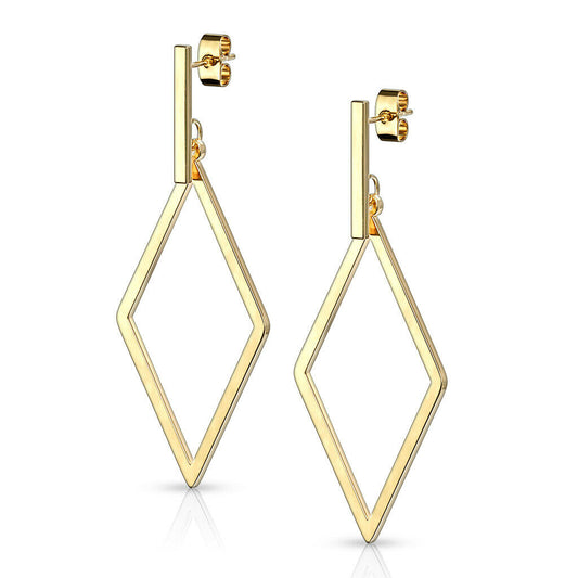 Pair of Stainless Steel Earrings with Square Bar and Diamond Shape Dangle 20g