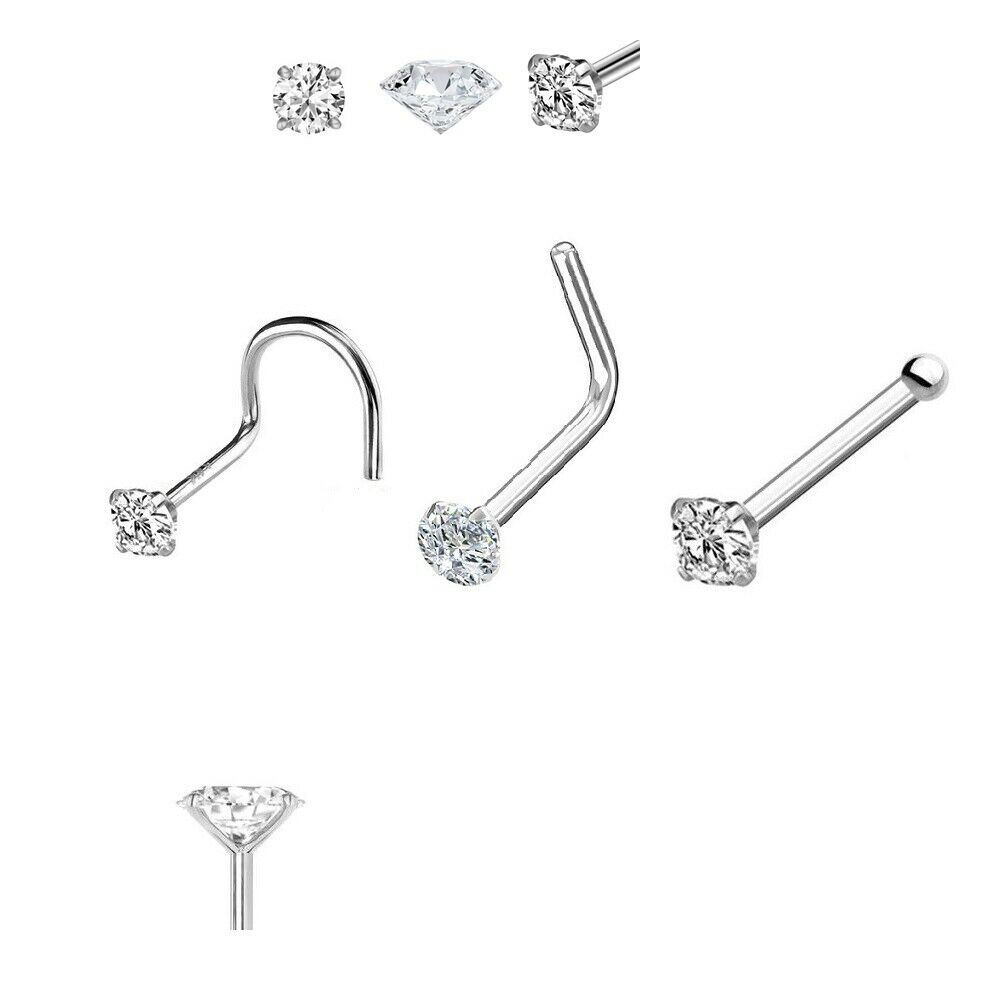 Diamond Nose Ring 14kt White Gold 20ga or 18ga Choose L-Shape Nose Bone or Screw