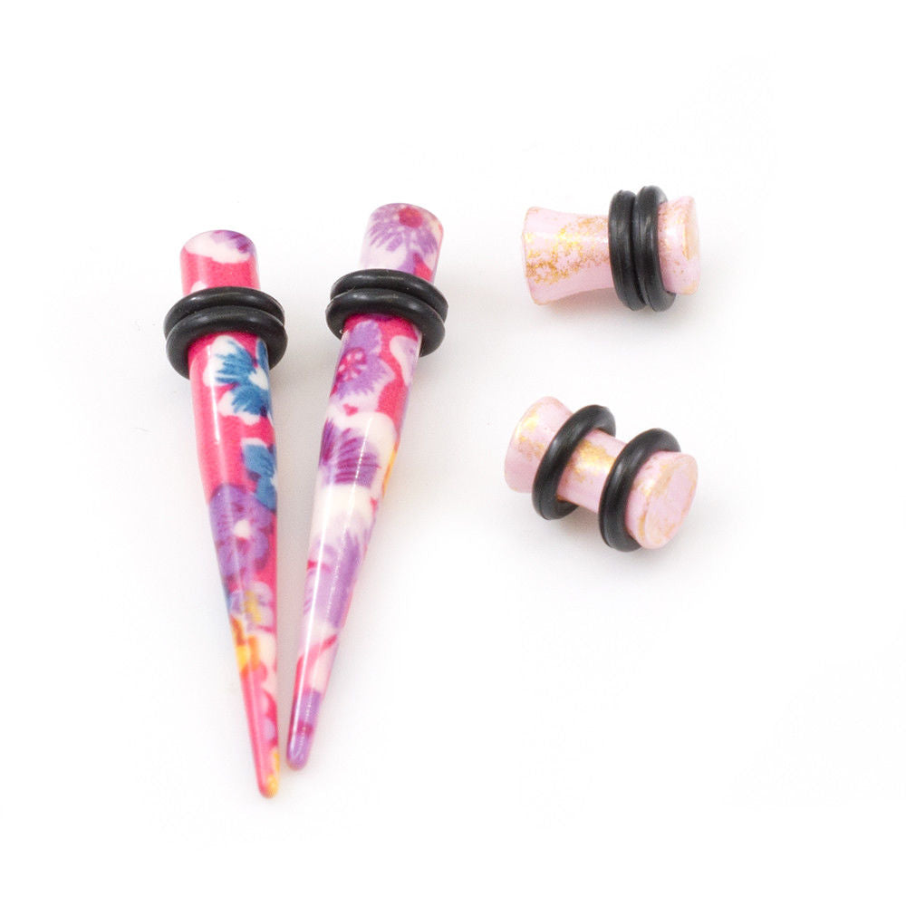 Ear Plugs with Tapers Stretching kit Colorful Flower Design with O rings