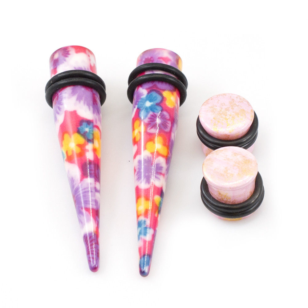 Ear Plugs with Tapers Stretching kit Colorful Flower Design with O rings