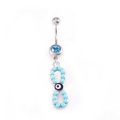 Belly Button Rings Infinite Love Dangle with Evil Eye Dangle Design and Aqua Cz